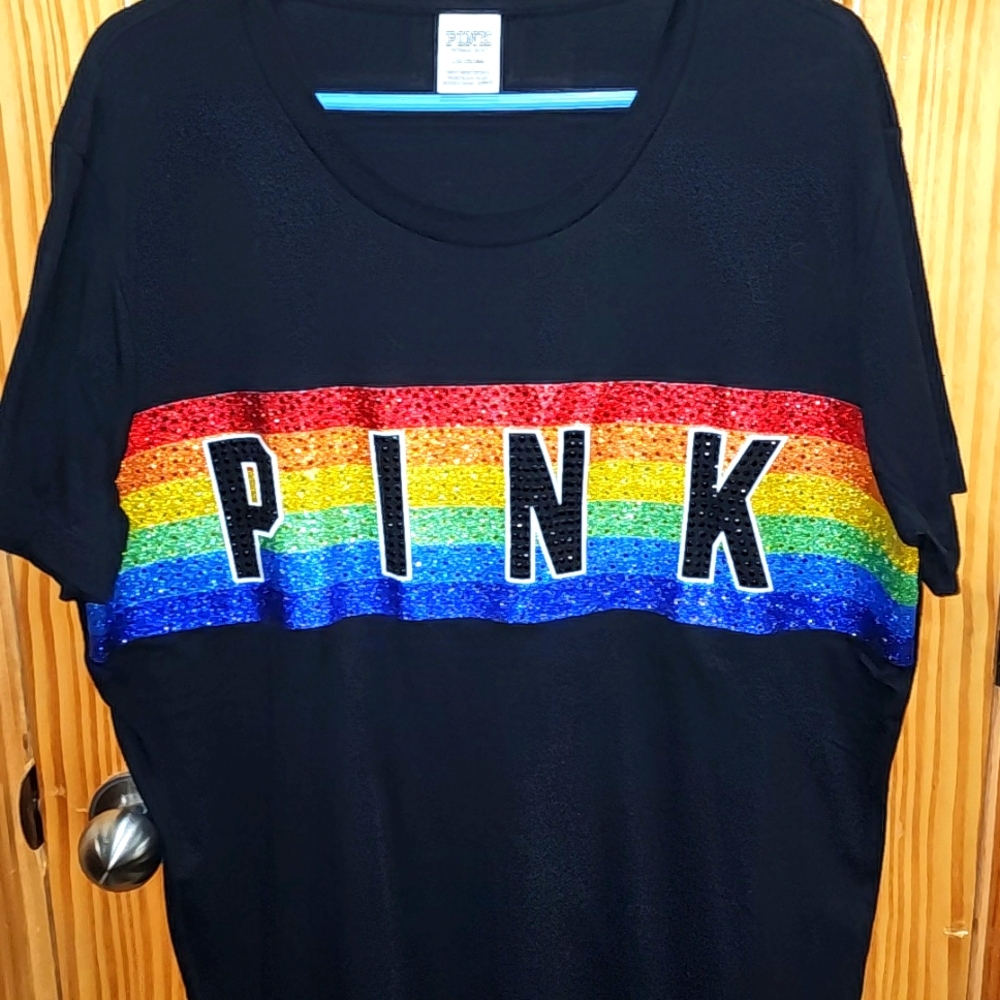 NWOT- VS PINK Black With Rainbow Bling Stripes Campus Style T-Shirt Size Large